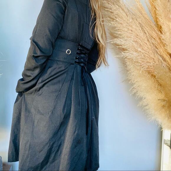 VINTAGE 90s CCC Washed Black Grey Tie Corset Back Button Trench Coat Jacket M - Picture 5 of 10